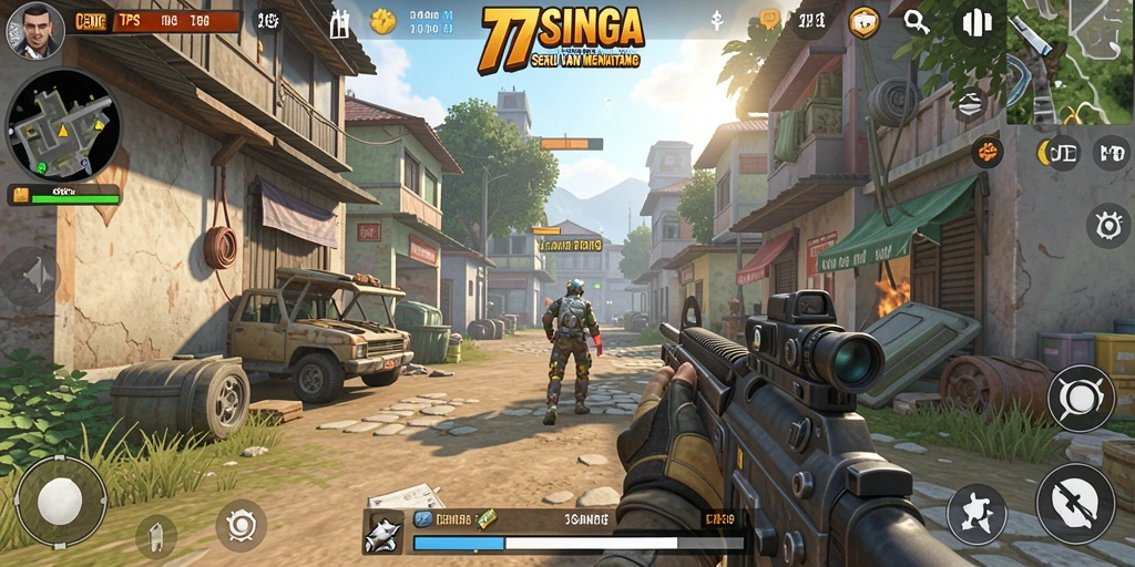 Screenshot gameplay <strong>77SINGA</strong> menampilkan aksi tempur yang intens.