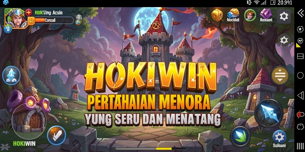 Gameplay HOKIWIN menara yang bertahan melawan gelombang musuh.