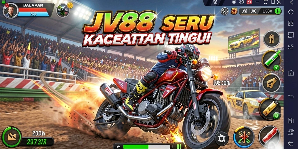 Tampilan gameplay JV88 dengan mobil balap yang melaju kencang di trek.
