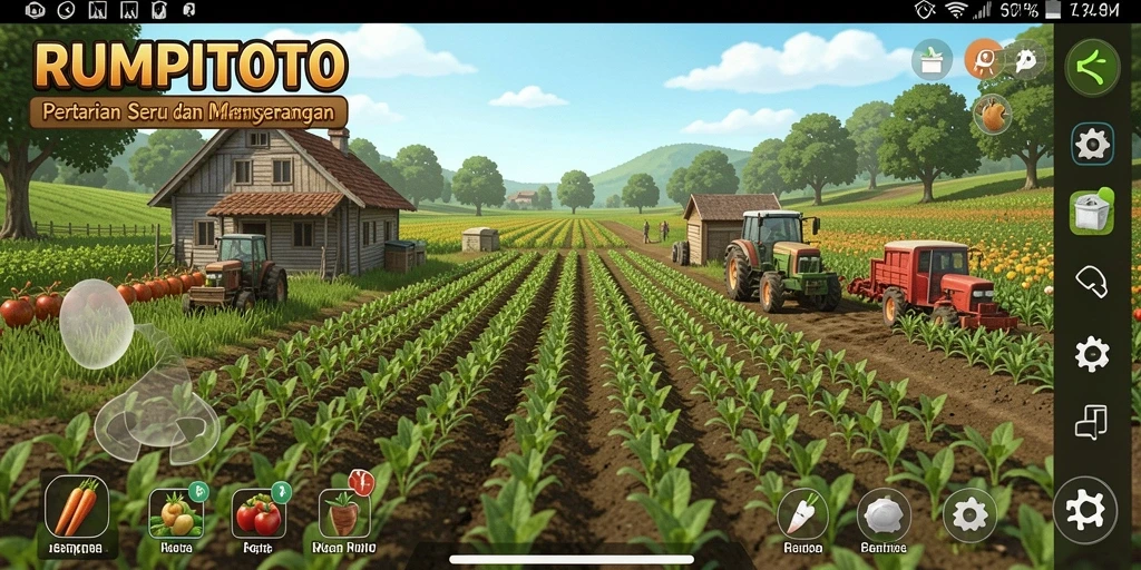 Screenshot RUMPITOTO menunjukkan aktivitas bertani yang seru dan interaksi dengan hewan ternak.
