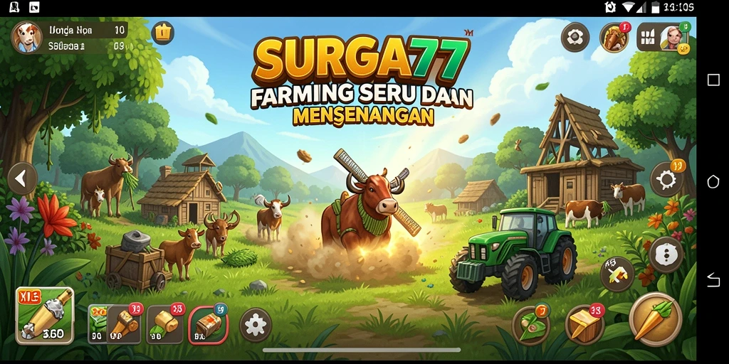Gameplay SURGA77 yang menampilkan kebun yang subur dan hewan peliharaan.