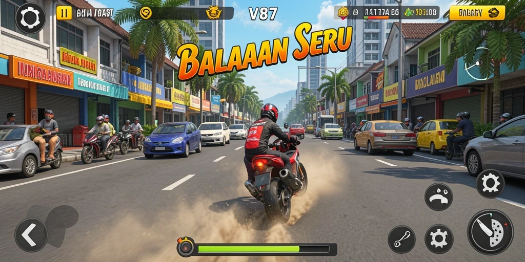 Screenshot gameplay V87 yang menampilkan aksi balapan yang mendebarkan.
